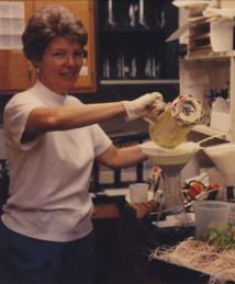 Mary-Dell Chilton smiles as she works in lab.