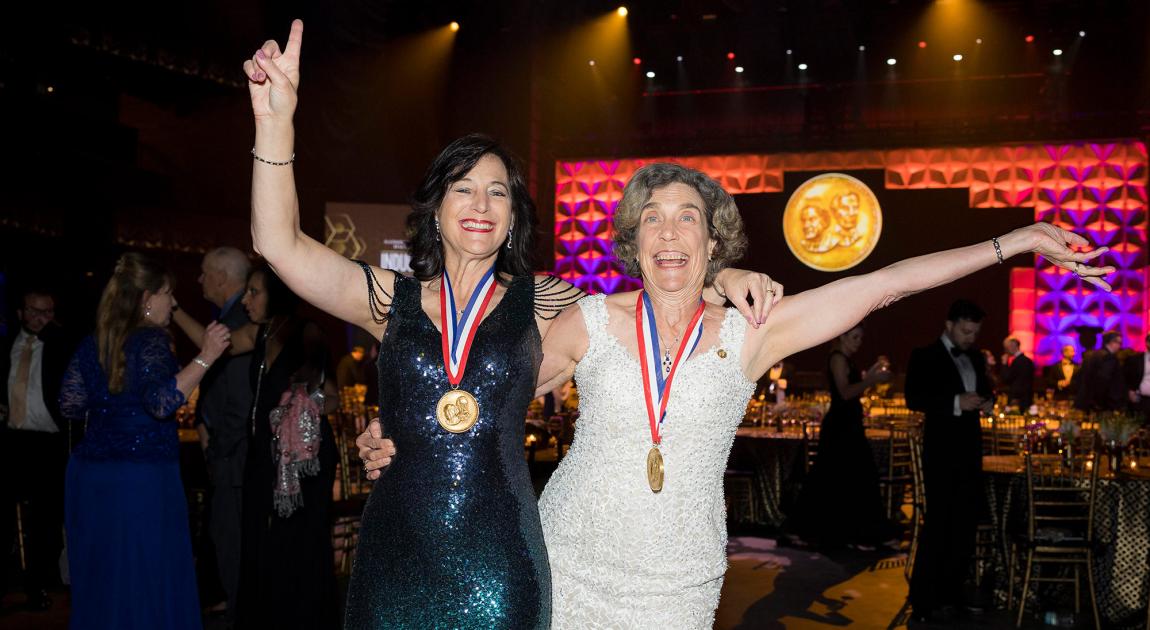 Andrea Goldsmith and Frances Ligler dance during the Innovation Celebration