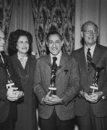 Photograph of Diuril chemist receiving Lasker award - Left to right: John Baer, James Sprague, Mary Lasker, Frank Novello, and Karl Beyer. 1975.