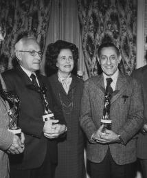 Photograph of Diuril chemist receiving Lasker award - Left to right: John Baer, James Sprague, Mary Lasker, Frank Novello, and Karl Beyer. 1975.