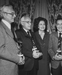 Photograph of Diuril chemist receiving Lasker award - Left to right: John Baer, James Sprague, Mary Lasker, Frank Novello, and Karl Beyer. 1975.