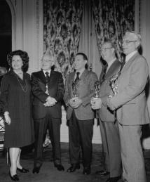 Outtake from the November, 1975 issue of the Rahway Reporter. Pictured left to right are Mary Lasker, James M. Sprague, Frederick C. Novello, Karl H. Beyer, Jr., and John E. Baer.