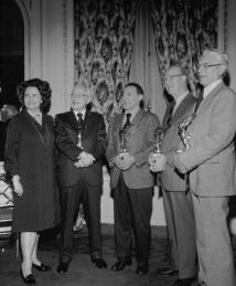 Outtake from the November, 1975 issue of the Rahway Reporter. Pictured left to right are Mary Lasker, James M. Sprague, Frederick C. Novello, Karl H. Beyer, Jr., and John E. Baer.