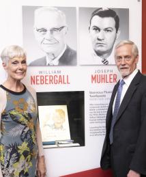 Daughter of William Nebergall, Susan Nebergall Forney honoring him at the National Inventors Hall of Fame Illumination Ceremony pictured with James Muhler, son of Joseph Muhler.